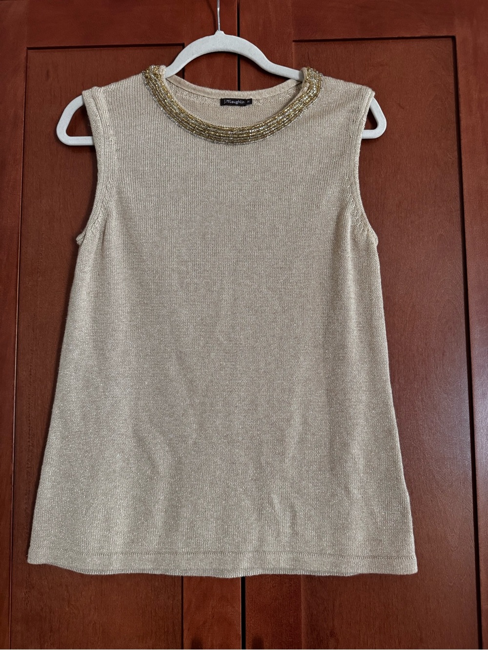 J. McLaughlin Metallic Gold Sleeveless Knit Shell with Beaded Neckline
